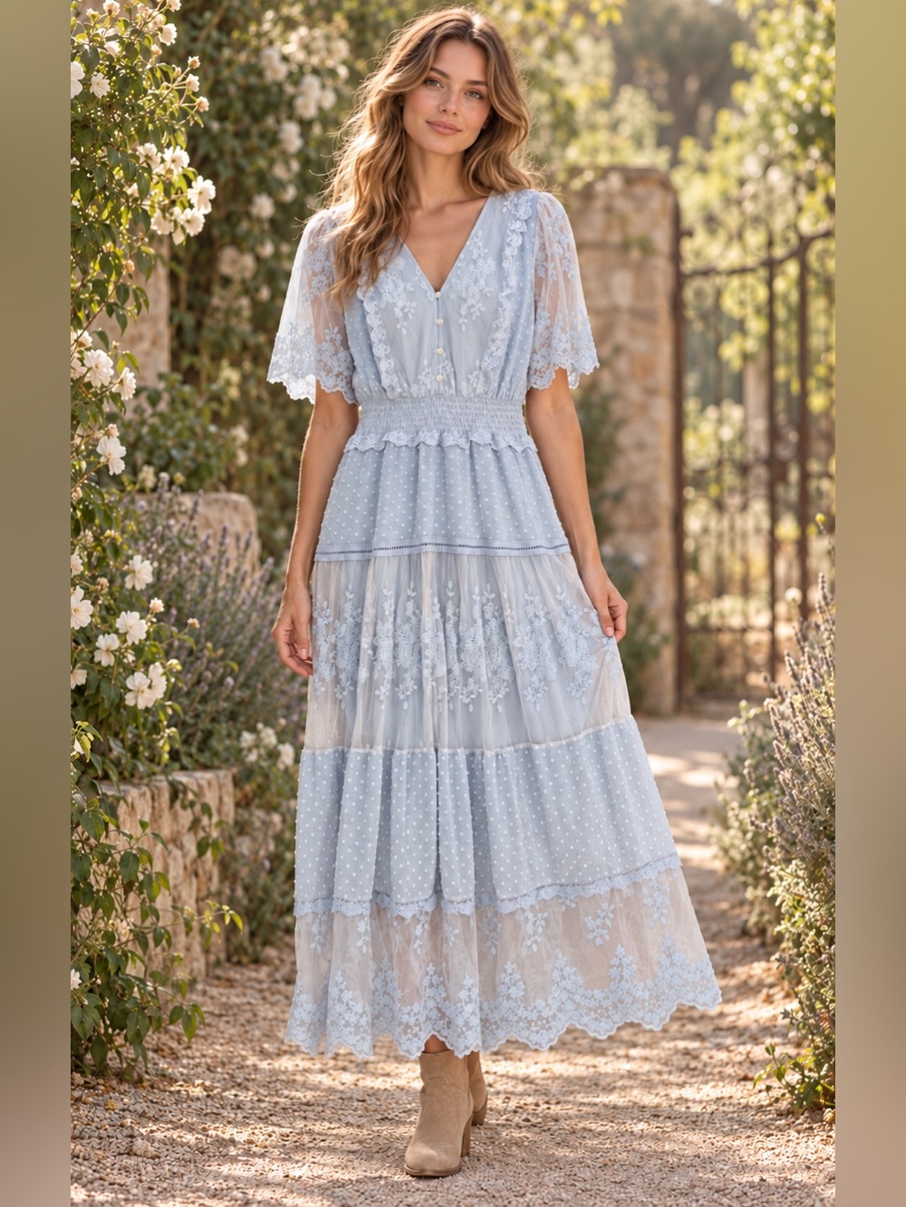 Lace Embroidered Blue Boho Maxi Dress Sheer Flutter Sleeves Smocked Waist, L